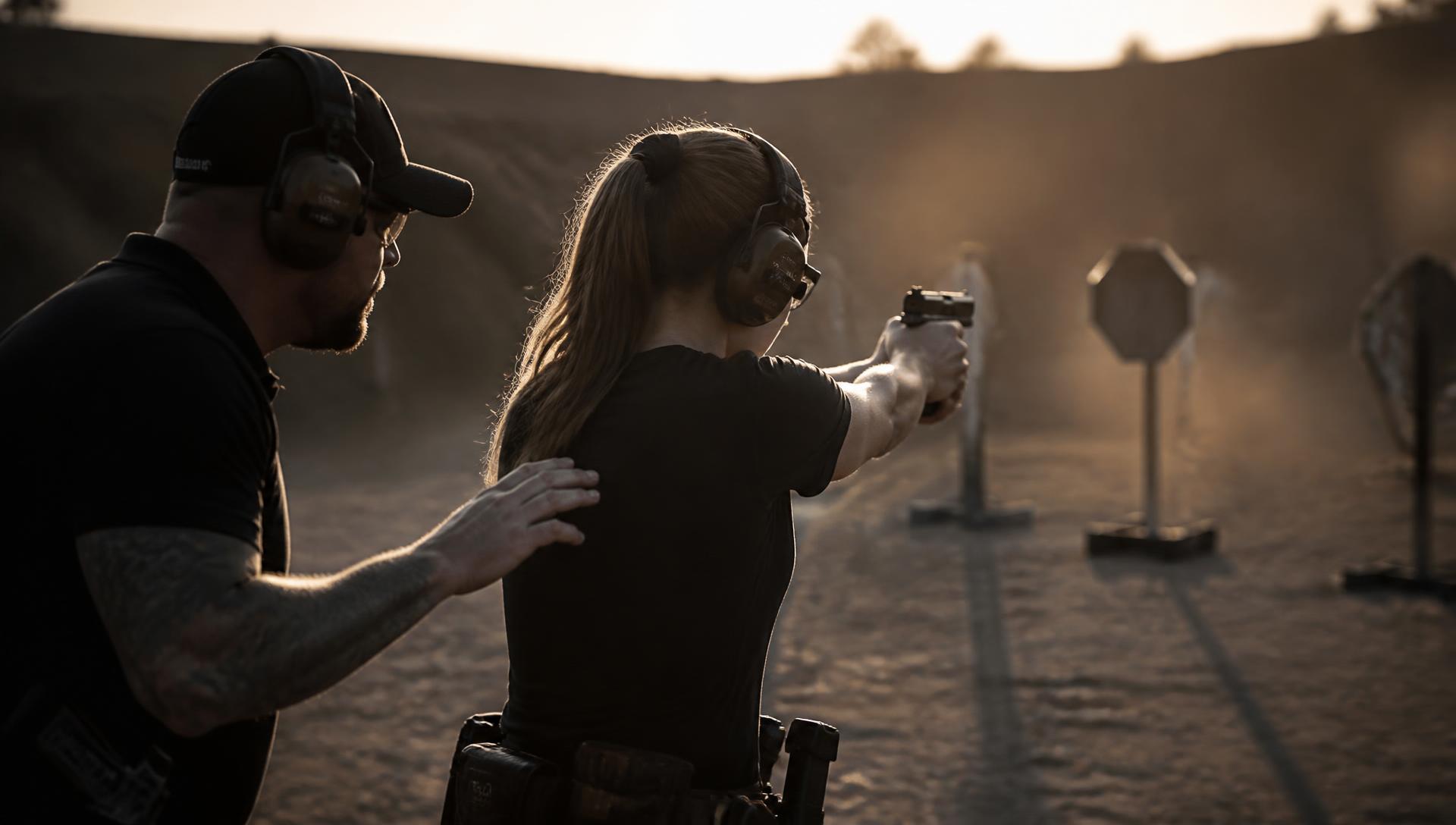 Instructor guiando a una tiradora con pistola en la línea de tiro